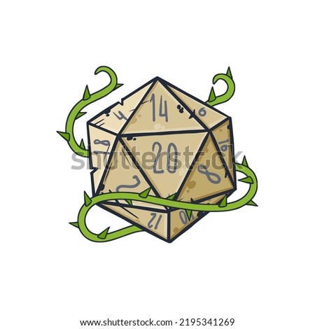 Dice d20 for playing Dnd. Dungeon and dragons board game. Cartoon outline drawn illustration. Green plant with thorn