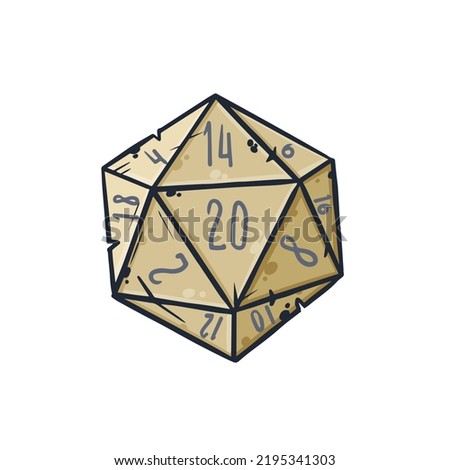 Dice d20 for playing Dnd. Dungeon and dragons board game. Cartoon outline drawn illustration