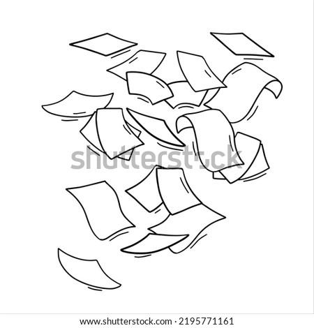 Paper files of documents fall down. Flying sheets. Blank sheet. Office element. Thrown object. White trash. Cartoon outline illustration