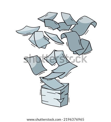 Flying Paper. Blank sheet. Thrown object. White trash. Cartoon flat illustration. Stack and pile of documents. Office element.