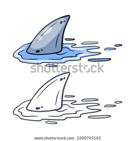 Shark fin. Predatory fish under water with waves. Drawing for print with dangerous marine animal. Outline cartoon illustration