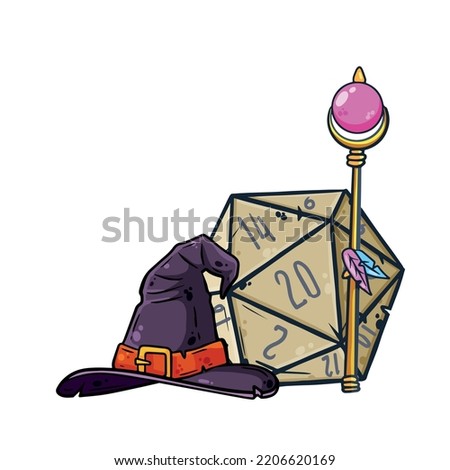 Dice for playing DnD. Tabletop role-playing game Dungeon and dragons with d20. Magical role of sorcerer with witch hat. Cartoon illustration