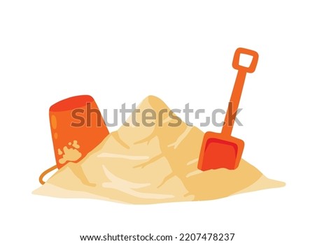 Orange bucket and scoop with pile of sand. Children play on beach. Shovel of kids. Summer holiday. Recreation and entertainment. Cartoon flat illustration