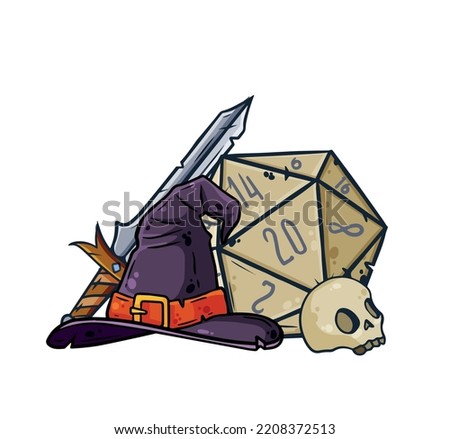 Dice for playing DnD. Tabletop role-playing game Dungeon and dragons with d20. Magical role of sorcerer with witch hat. Cartoon illustration