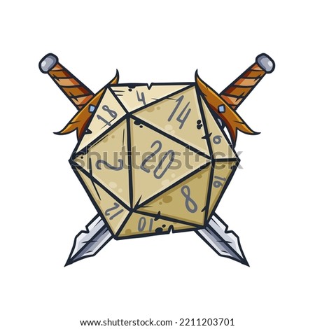Dice d20 for playing Dnd. Dungeon and dragons board game. Crossed swords of medieval paladin. Adventure cartoon Icon