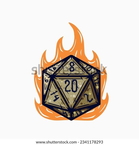 20 sided dice with numbers. Cartoon dice for fantasy dnd and rpg Board game. Magic fire isolated on white