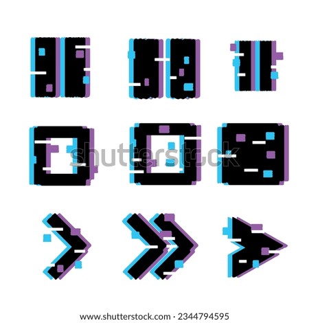 Glithc effect dynamic retro VHS set. TV false or spurious electronic signal. Vector illustration isolated on white background. Play, stop and pause sign