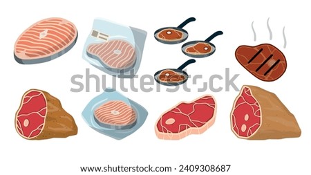 Steak and barbecue, Piece of red salmon fish meat with pink stripe. Food for Cooking sushi. Set of Raw Seafood. Cut off part. Kitchen and meal element. Cartoon illustration
