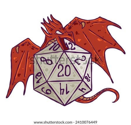 Dice d20 for playing board game. Cartoon outline drawn illustration. A magical creature