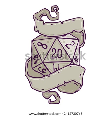 Dice d20 for playing board game. Cartoon outline drawn illustration with copy space for text