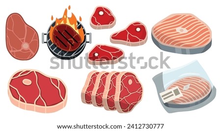 Steak and barbecue, Piece of red salmon fish meat with pink stripe. Food for Cooking sushi. Set of Raw Seafood. Cut off part. Kitchen and meal element. Cartoon illustration