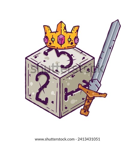 Dice d6 for playing tabletop board game. Cartoon outline drawn illustration. Fantasy art sticker, adventure boardgame, king roleplaying decoration