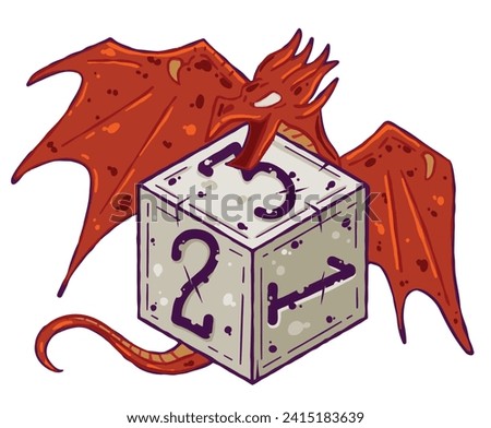 Dice d6 for playing tabletop board game. Cartoon outline drawn illustration. Fantasy art sticker, adventure boardgame, roleplaying dragon decoration