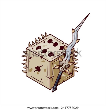 Dice d6 for playing tabletop board game. Cartoon outline drawn illustration. Fantasy art sticker, adventure boardgame, roleplaying decoration