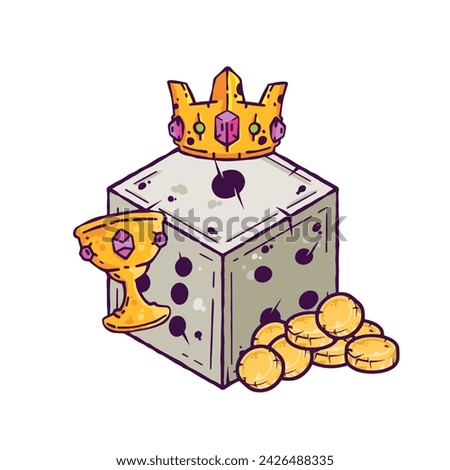 Dice d6 for playing tabletop board game. Cartoon outline drawn illustration. Fantasy art sticker, adventure boardgame, king with crown roleplaying decoration