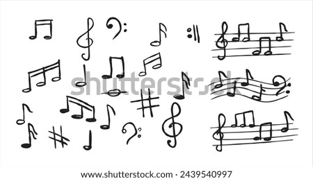 Music note sketch style. Doodle melody symbol set. Creative drawing sign isolated on white. Classic musical element collection