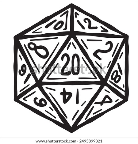 D20 dice for board game. Fantasy tabletop icosahedron illustration in retro style