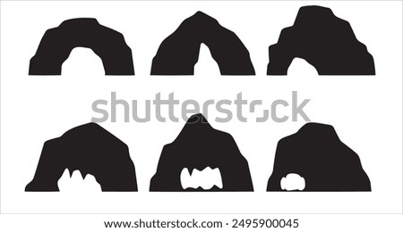 Cave set. Cavern tunnel in mountain icon. Prehistoric stone underground. Hole in rock. Geology black landscape. Entrance in cave