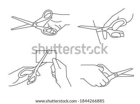Hand holding scissors cutting paper line illustration
