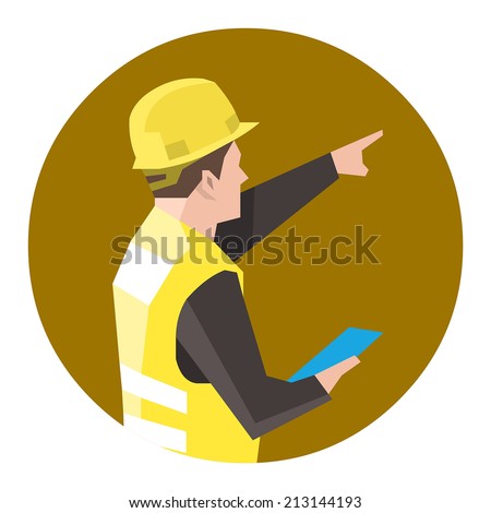 Construction worker holding a clipboard and pointing or showing something