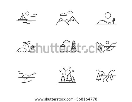 Nature landscape icons, thin line style