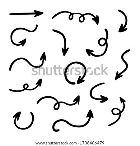 Vector set of curved arrows pointing in different directions. Hand drawn, doodle elements isolated on white background