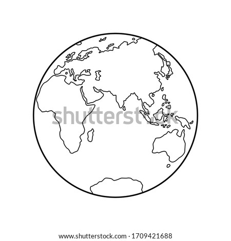 Vector illustration of Eastern Hemisphere of planet Earth, silhouettes of continents, contour line. Eurasia, Africa, Australia, Antarctica