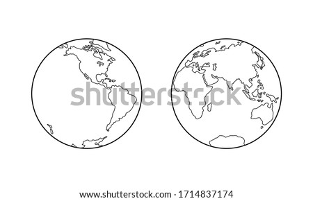 Vector illustration of Western and Eastern Hemispheres of planet Earth, silhouettes of continents, contour line. Eurasia, America, Africa, Australia, Antarctica
