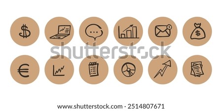 Vector set of highlights for social media. Elements of economics: graphs, charts, money, diagrams, files and others.