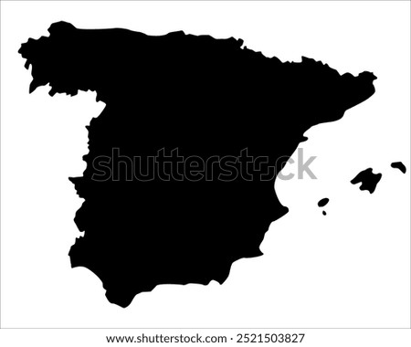 Vector map of Spain, a country in Southern Europe. Detailed black silhouette, isolated on white background.