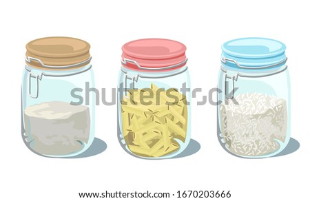 food glass jar containers with pasta flour and rice on white background 