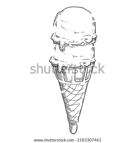 cartoon style two scoops ice cream sweet summer food waffle cone isolated black and white drawing on white background