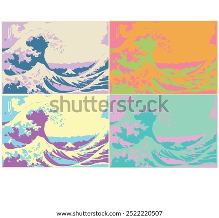 The Great Wave off Kanagawa in pop art style different colors famous artist work 