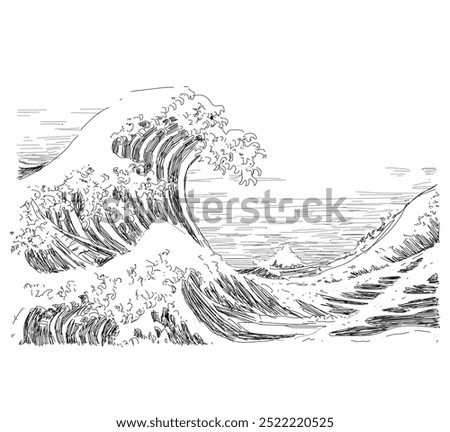 pencil sketch The Great Wave off Kanagawa drawing pen line style draw different colors famous artist work 