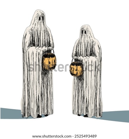 two ghosts costume characters with buckets for trick o treat halloween colored symbol autumn holidays isolated on white background