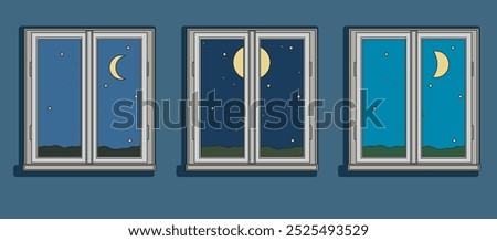 set windows view from inside with different types moon fase luna illustration isolated on dark background