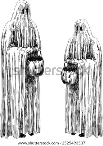 two ghosts costume characters with buckets for trick o treat halloween symbol autumn holidays isolated on white background