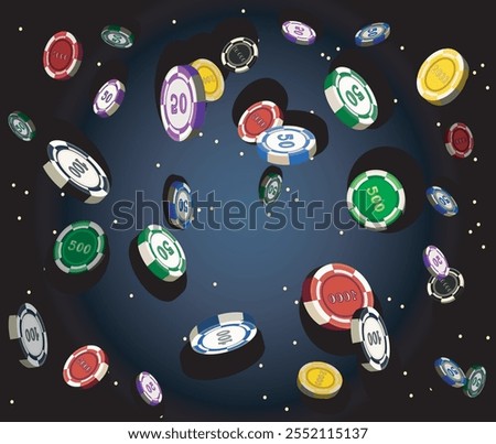 gambling poker tokens chips falling casino betting games in universe sky dark background