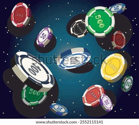 gambling poker tokens chips falling casino betting games in universe sky dark background close up