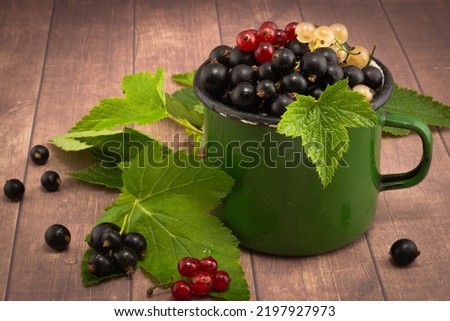 Still life with black, red and white currant berries with green current leaves in old green enameled cup on brown wooden table. Assorty ripe currants berries in metal cup. Photo stock © 