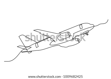 Continuous line drawing. The plane flies from left to right. Drawing from the hands of a black thin line on a white background.