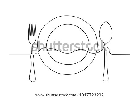 Continuous line drawing. Close-up. Clean plate, fork and spoon. Drawing by hand on a sign or business cards in a cafe. Lines black on white background.