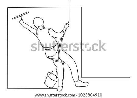 Continuous Line The Man Of Industrial Climber Is Engaged In Cleaning Facade