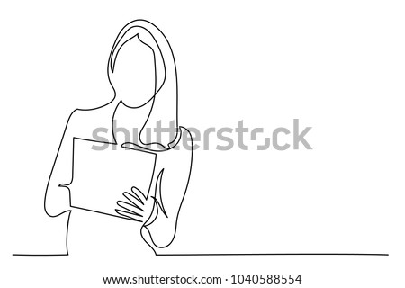 A young woman with long hair holds a tablet in her hands. One line drawing isolated vector object by hand on a white background.