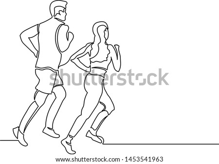 
Figure continuous line group of couple man and woman jogging. Concept fitness club, healthy lifestyle, lazy athletics. Logo