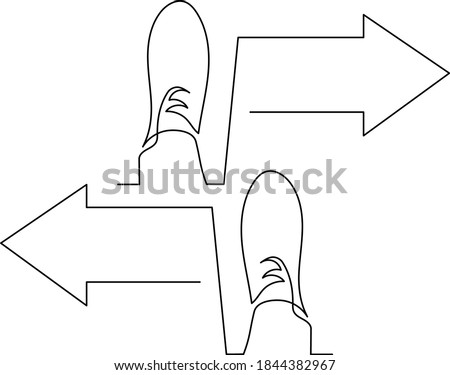 Drawing a continuous line of boots to the right and left. The concept is to pass to the side. The arrow indicates the path. Different directions in the approach to business.