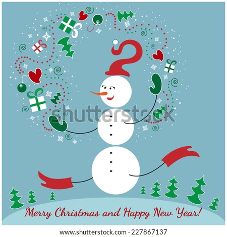 Winter Holiday Card With Running Snowman In Red Boots And Mittens ...