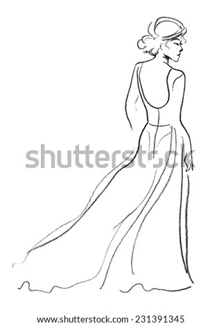 Design Sketch With A Female In A Long Dress Standing Back. Bride. Stock ...