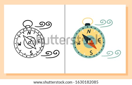 Cartoon cute compass and wind swirls. Icon for design on a travel theme. Children's coloring on the theme of relaxation and adventure.
