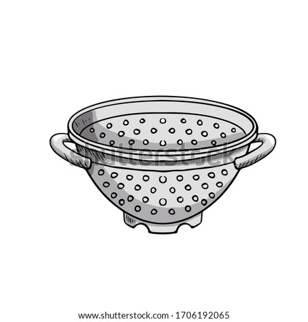 Illustration of a metal colander hand-drawn. Design element subject on the theme of cooking, baking.